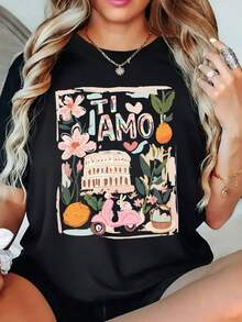 1 pieza de Playera corta 100% algodón, cuello redondo casual con estampado, letras de moda, manga corta transpirable para uso diario - Negro - Ver 1