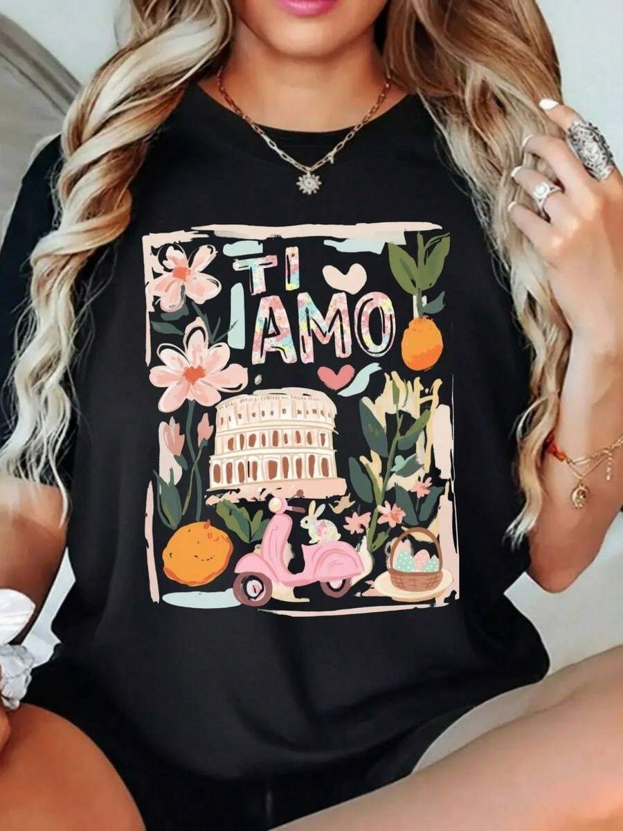 1 pieza de Playera corta 100% algodón, cuello redondo casual con estampado, letras de moda, manga corta transpirable para uso diario - Negro - Ver 1