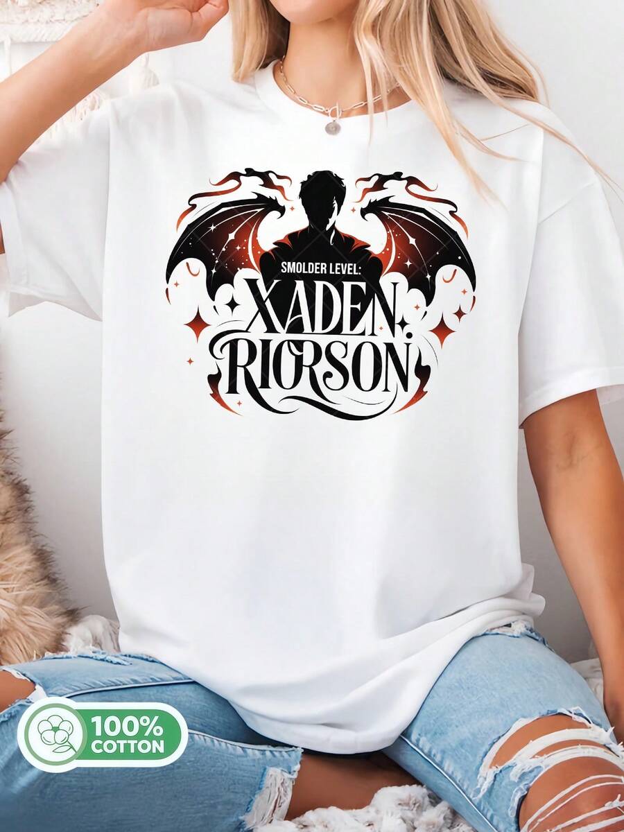 Xaden Riorson Fourth Wing Smolder Level Fantasy Dragon Rider Book Fan Tee Cotton T-Shirt - White - View 1