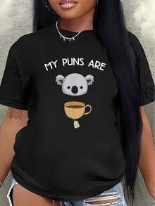 Short-Sleeved Polyester T-Shirt With A Fun Koala And Coffee Cup Design, Lightweight And Durable, Suitable For Casual Wear At Home, In Cafes Or Offices, A Fun T-Shirt For Adults. Women's Blouses > Clothing - 黑色 - 查看 7