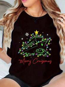 100% Cotton Summer Tops With Christmas Lights Print Plus Size Graphic T-Shirts Seasonal Fashion Soft Women's Simple Solid Color T-Shirt, Loose And Slim Fit Casual Short Sleeve - 黑色 - 查看 11