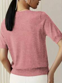 Camiseta de punto de manga corta de unicolor y peso ligero para mujer, top minimalista de verano - durazno - Ver 2