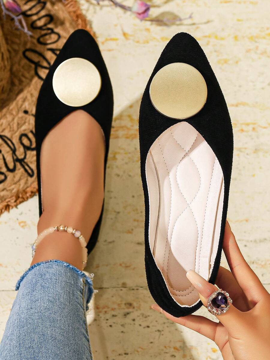 Zapatos de ballet cómodos con punta puntiaguda y sin cordones para mujeres de talla grande, para primavera/verano - Negro - Ver 1