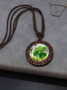 1PC Four Leaf Clover Patterned Dome Glass Inlaid Wooden Pendant Necklace, Paired With Woven Rope Chain, Retro Texture Design, Suitable For Daily Wear Or As A Holiday Gift. - Chocolate Brown - View 4