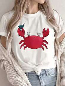 Women's Plus Size Summer Casual T-Shirt With Red Crab Design, White - Casual T-Shirt, Suitable For The Beach, Parties Or Daily Wear, Fun Gift For Adults, Lightweight And Comfortable Design, Round Neck, Loose Fit - 白色 - 查看 11