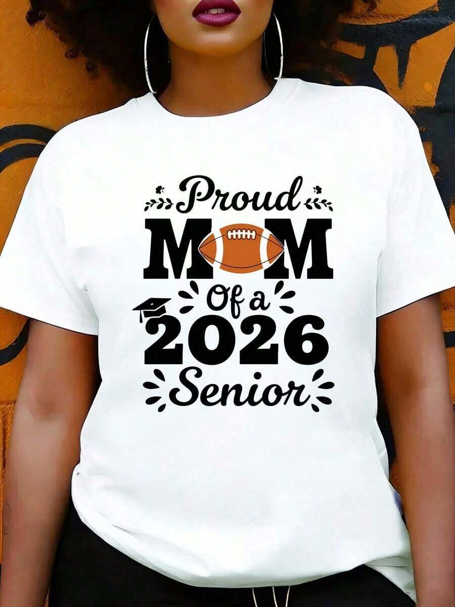 Women's Casual Style T-Shirt, American Football Graduation Theme For Spring/Summer, Gift For Graduating Mom - White - View 1