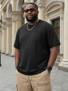 Plus Size Men's Black Stylish Short Sleeve T-Shirt, Loose Casual Half Sleeve - Black - View 1