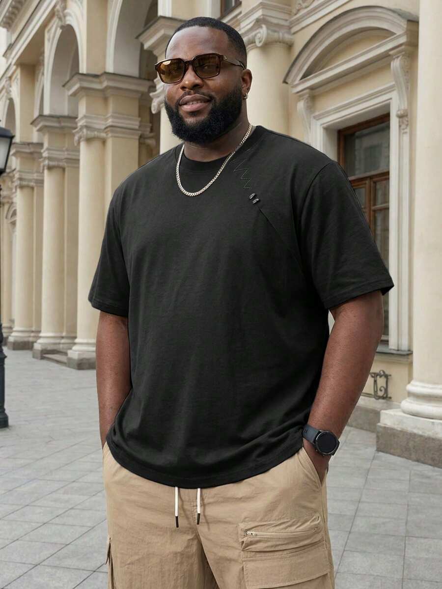 Plus Size Men's Black Stylish Short Sleeve T-Shirt, Loose Casual Half Sleeve - Black - View 1