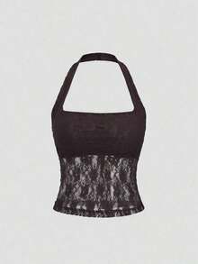 Top Halter de Encaje Sólido Elegante y Sexy Y2K para Fiestas de Navidad y Año Nuevo - Café integral - Ver 1