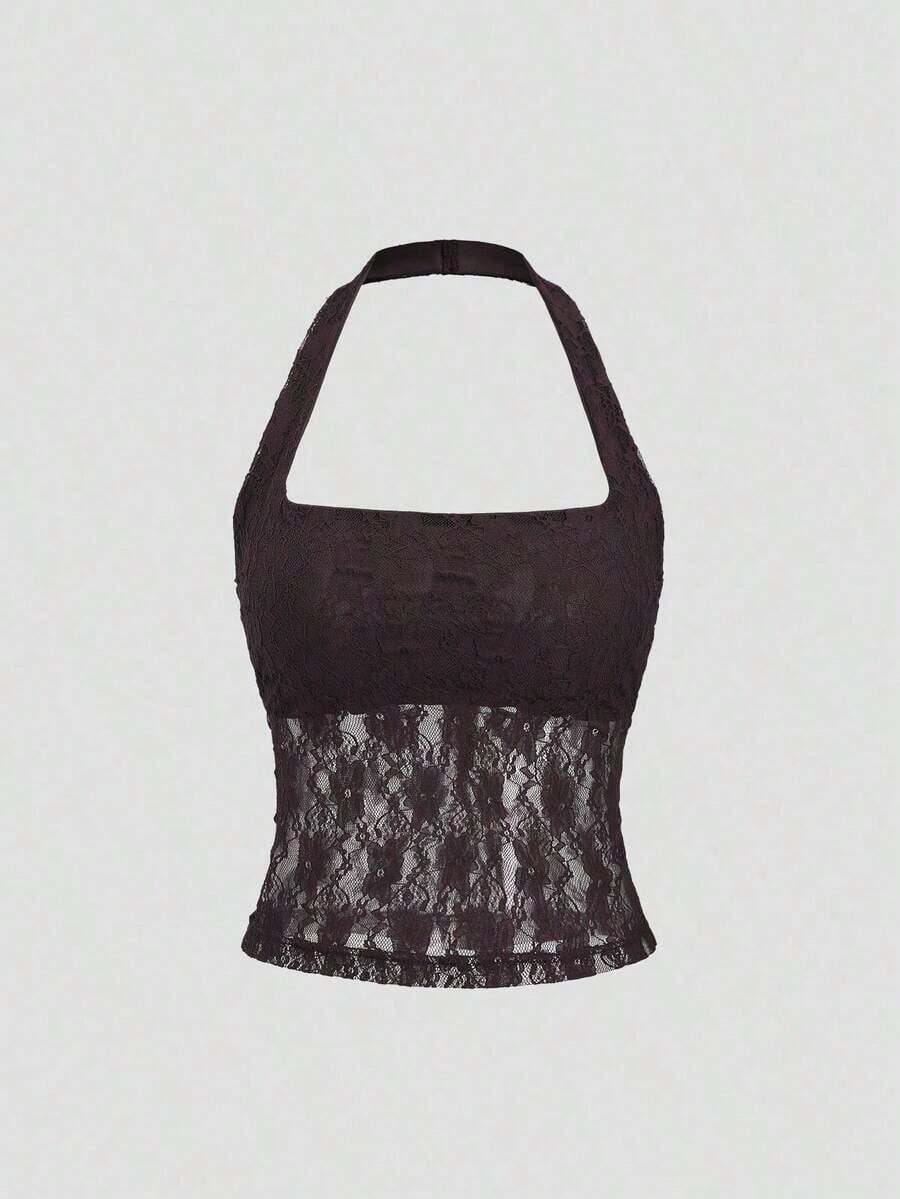 Top Halter de Encaje Sólido Elegante y Sexy Y2K para Fiestas de Navidad y Año Nuevo - Café integral - Ver 1
