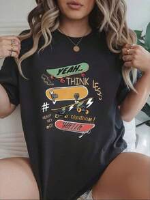 1 Pieza Camiseta 180g 100% Algodón Unisex Holgada. 1 Pieza Camiseta 180g 100% Algodón Unisex Holgada. Camiseta divertida estilo skateboard para mujeres diseño gráfico juvenil moda urbana negra ideal para amantes del skate y entusiastas de la moda casual disponible en diferentes tallas comodidad garantizada camiseta estampada energía joven camiseta skater popular promoción exclusiva. Cómoda y versátil para escuela, trabajo, salidas y eventos casuales Cómoda y versátil para escuela, trabajo, salidas y eventos casuales - Negro - Ver 1