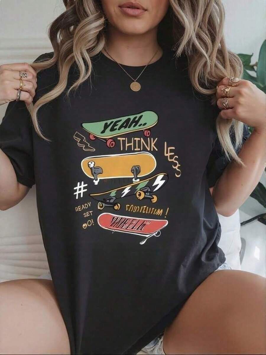 1 Pieza Camiseta 180g 100% Algodón Unisex Holgada. 1 Pieza Camiseta 180g 100% Algodón Unisex Holgada. Camiseta divertida estilo skateboard para mujeres diseño gráfico juvenil moda urbana negra ideal para amantes del skate y entusiastas de la moda casual disponible en diferentes tallas comodidad garantizada camiseta estampada energía joven camiseta skater popular promoción exclusiva. Cómoda y versátil para escuela, trabajo, salidas y eventos casuales Cómoda y versátil para escuela, trabajo, salidas y eventos casuales - Negro - Ver 1