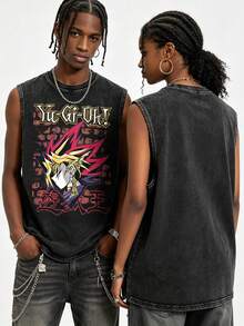 Men's Vintage Washed Black Sleeveless Tank Top,  Yugi Anime Graphic Print, Classic Japanese Trading Card Game Streetwear Muscle Shirt, Casual Loose Fit Cotton Blend Workout Vest For Anime Fans, Summer, And Daily Casual Outfits - 黑色 - 查看 8