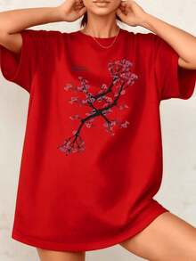 Women's T-Shirt With Cherry Blossom Graphic Print, Floral Tree Branch, 100% Cotton, Crew Neck, Casual Style, 1 Piece. Excellent Gifts For Friends And Family, Suitable For Spring And Summer Outings, Everyday Wear, Fashionable. - 紅色 - 查看 7