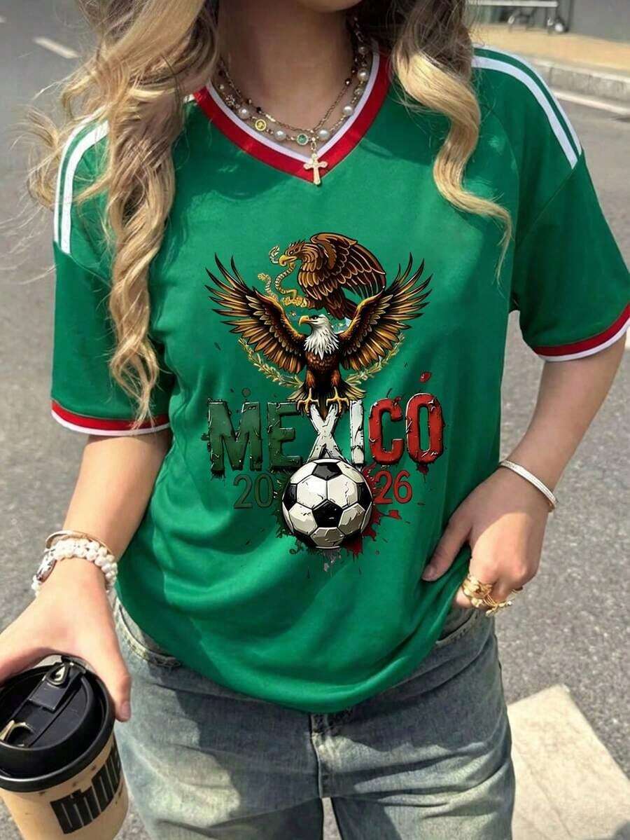 Women's Mexico 2026 Soccer Jersey With Eagle - Oversized Sporty Style Green Minimalist Streetwear Cotton Tee - 綠色的 - 查看 1