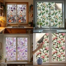 1/4 piezas Película de ventana estática esmerilada con diseño floral vintage, película de ventana de privacidad con bloqueo de luz, adecuada para decoración de dormitorio, oficina y baño - Pegatinas para ventanas - Ver 2