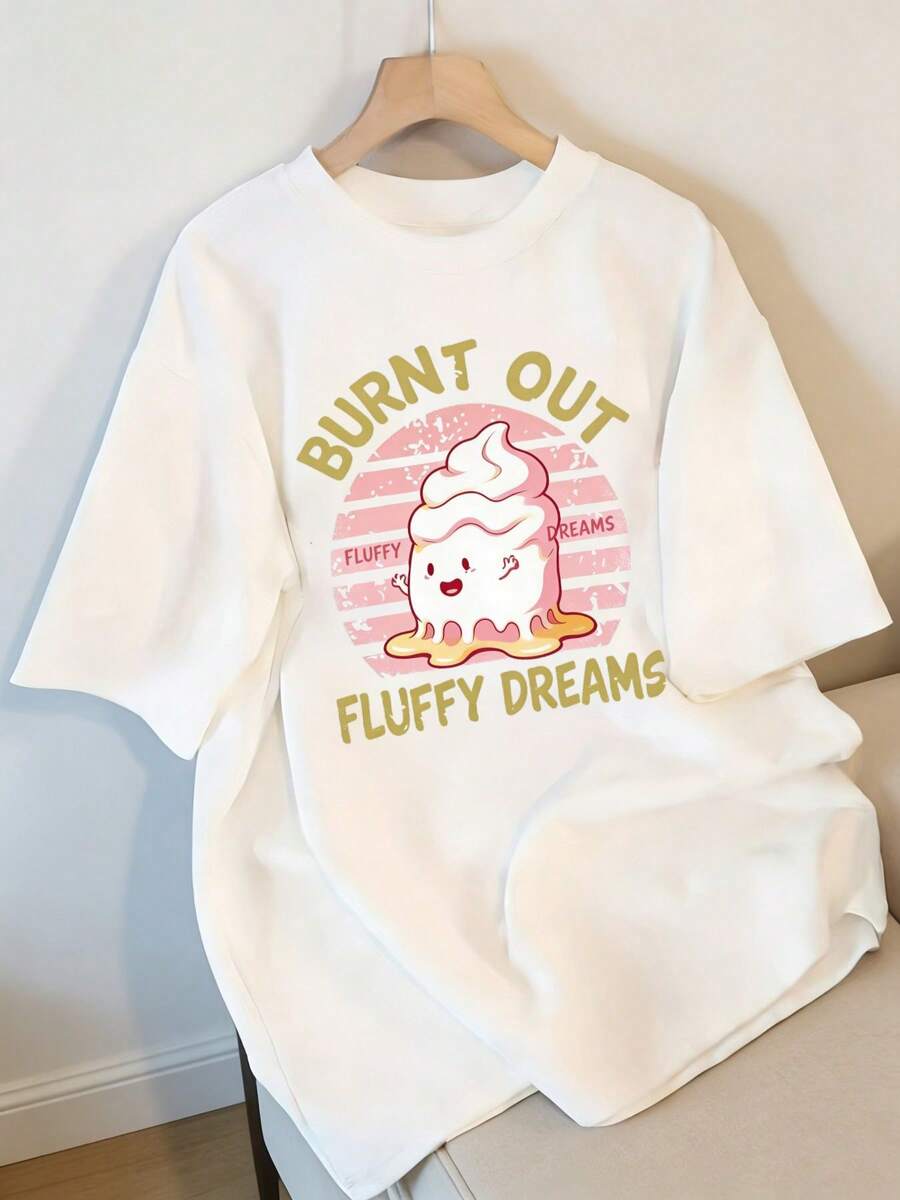 Premium Women's Short-Sleeved T-Shirt With A Fun Cartoon Character Print, Crew Neck, And Casual Style, Suitable For Everyday Wear. This T-Shirt Features A Playful Fluffy Ice Cream Design Combined With The Quirky "BURNT OUT OF DREAMS" Print. . - 白色 - 查看 1