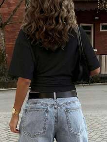 Y2K Style, Modern Style, Newest 2026, Cute Style, Casual Style, Women's Blouses > Clothing. New Stylish And Fashionable Solid Color T-Shirt, Casual, Versatile, With A Gathered Waist, Suitable For Daily Wear, School, Beach, Vacation And Summer Home Wear, 180g (Sizes S-XXXL). - 黑色 - 查看 2