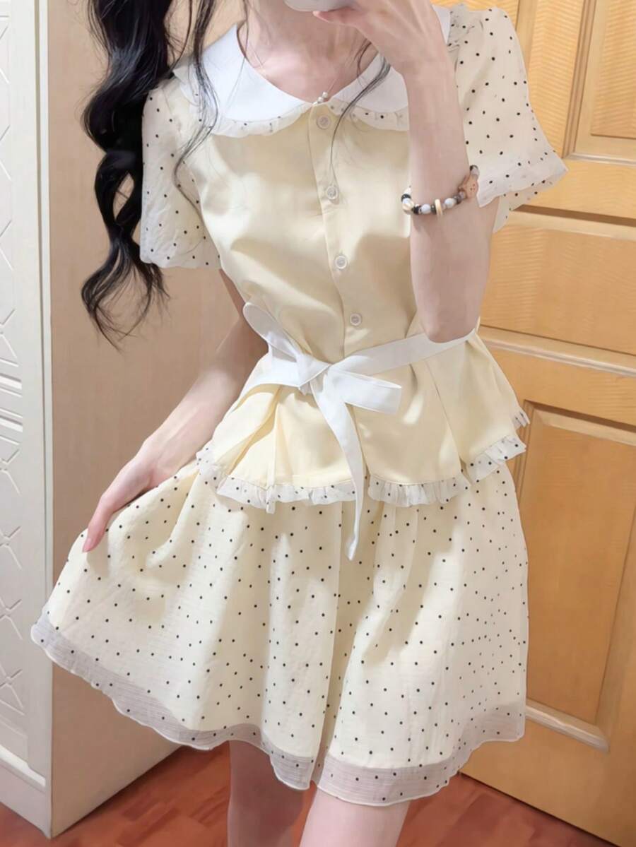 Women's 2-Piece Set: Peter Pan Collar Polka Dot Short-Sleeved Top And Mini Skirt. Girly, Summery, Cute. - Light Yellow - View 1