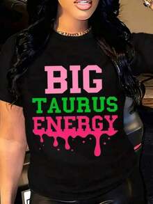 Morbida.1pac.100%Cotton.Big Taurus Energy T Shirt Women Zodiac Sign Graphic Tee Bold Pink Green Print Casual Fashion Top.Estiva Casual - 黑色 - 查看 1
