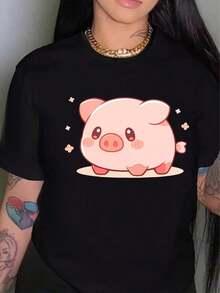 Lovely Pig, Gift, Directional Backgrounds, New Women's Casual Crew Neck Sports T-Shirt For All Seasons. Casual Blouses For Ladies - 黑色 - 查看 1