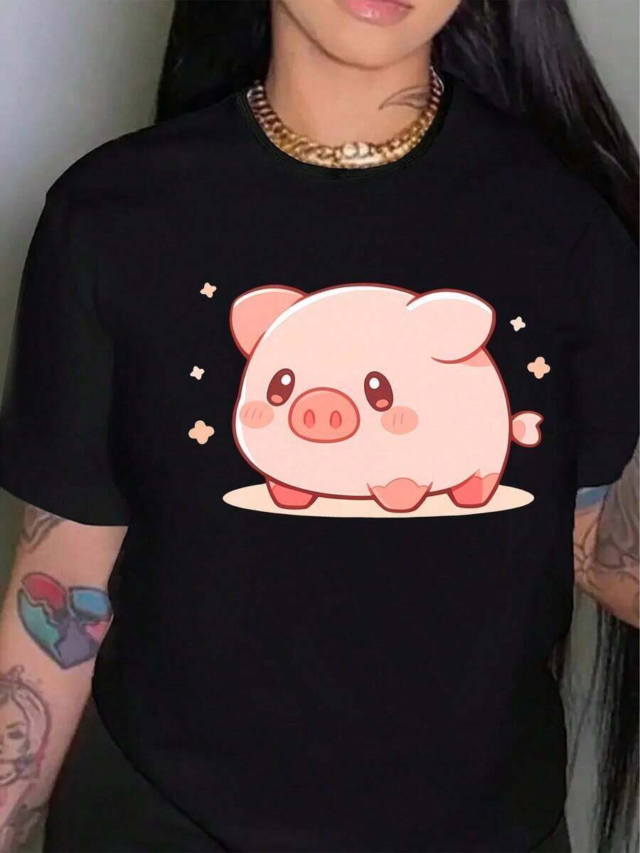 Lovely Pig, Gift, Directional Backgrounds, New Women's Casual Crew Neck Sports T-Shirt For All Seasons. Casual Blouses For Ladies - 黑色 - 查看 1