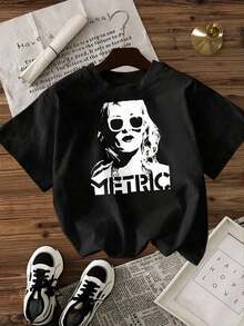 Camisa de Mujer, Corte Holgado, Opciones en Blanco y Negro, Estampado Gráfico con Banda Métrica, Camisetas Casuales para Uso Diario, Tops de Verano, Camisetas Gráficas, Conjuntos de Verano para Mujer, Camisetas Cortas para Mujer, Tops Vintage de Algodón, Ropa Linda para Mujer, Blusas Casuales para Dama - Negro - Ver 2