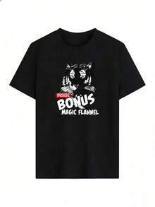 Black And White Tiger Head T-Shirt With "BONUS" Text.  Short-Sleeved T-Shirt For Spring And Summer 2026, Made In Mexico, 180 Grams. Cartoon Print, Couple Design, Suitable For Indoor Or Outdoor Wear. Crew Neck, Unisex, Ideal For Office And Leisure. One-Pack. - BK-P631577SLNDXZGY647 - 查看 2