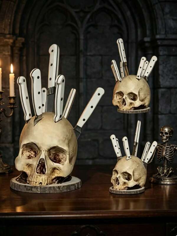 Skull Knife Holder For Kitchen Creative Grey Skull Head Shaped Knife Storage Rack With Unique Horror Style. Multi-Functional Design Works Perfectly As Both Kitchen Knife Organizer And Fruit Storage Stand. Ideal For Home Kitchen Decor And Fruit Arrangement At Thriller Themed Parties.