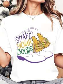 Soft, Breathable, And Lightweight For All-Day ComfortWomen Round Neck T Shirt Shake Your Bootie Cowgirl Boots Print Casual Wear For Festival Party 220gClassic Crew Neck With A Relaxed Fit That Flatters All Body Shapes And Easy To Pair With Jeans, Shorts, And Leggings. - 白色 - 查看 1