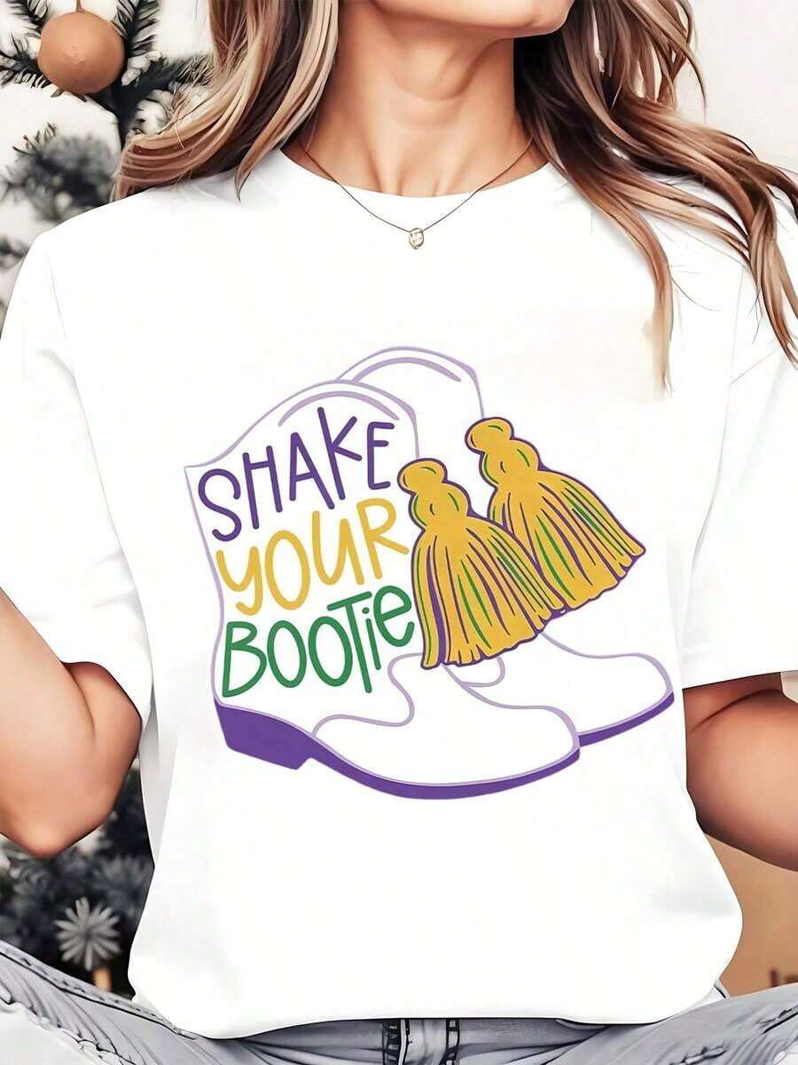 Soft, Breathable, And Lightweight For All-Day ComfortWomen Round Neck T Shirt Shake Your Bootie Cowgirl Boots Print Casual Wear For Festival Party 220gClassic Crew Neck With A Relaxed Fit That Flatters All Body Shapes And Easy To Pair With Jeans, Shorts, And Leggings. - 白色 - 查看 1