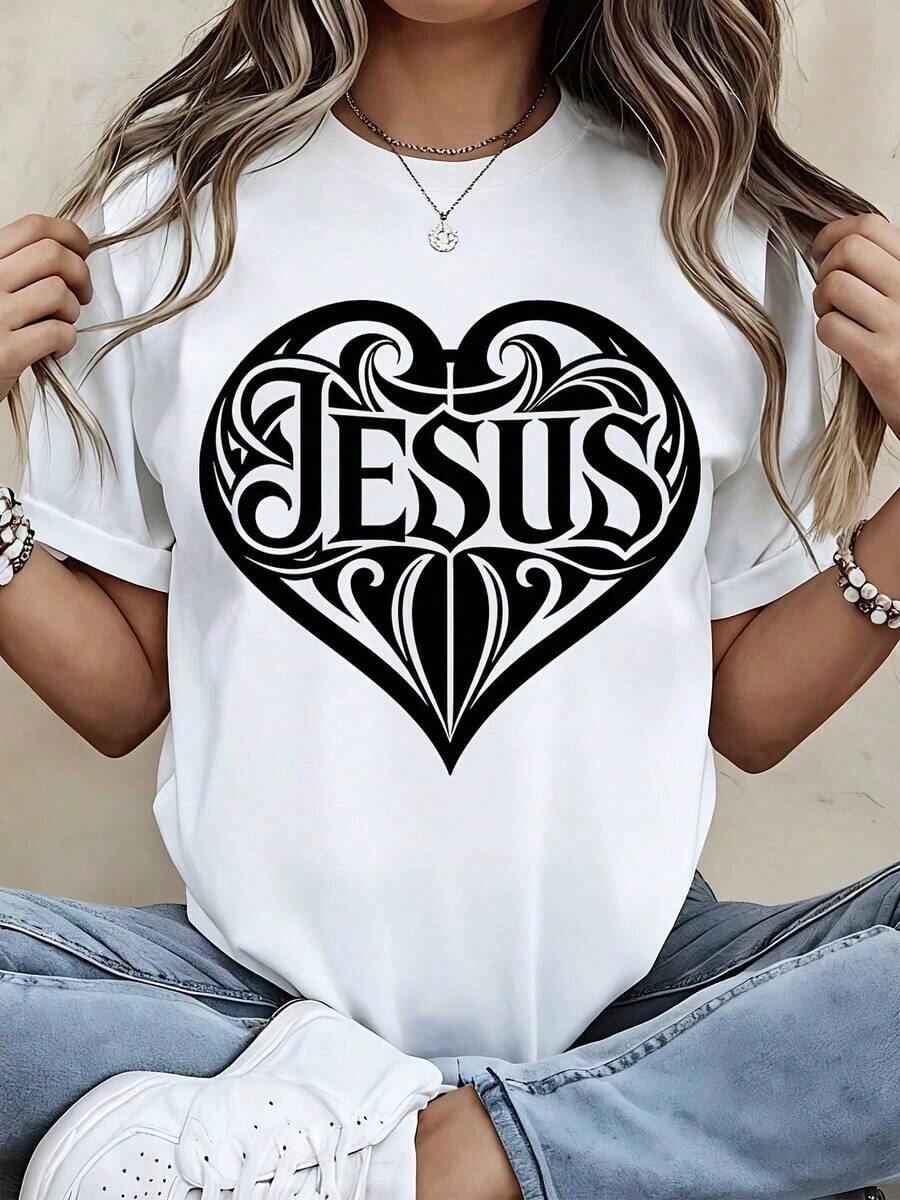 T-Shirt With Jesus Christ Cross Print, Casual Wear For Daily Use And Sports Activities, 100% Cotton, Women's T-Shirt - 白色 - 查看 1