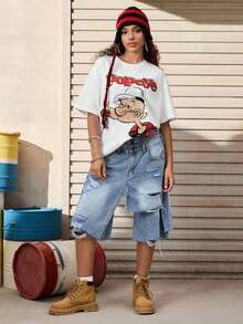 X  Camiseta de manga corta de mujer con estampado de letras y personajes de dibujos animados, estilo vintage y casual, de algodón, camiseta oversize de verano para mujer |   Diseño exquisito |   Suelto y cómodo |   Fácil de combinar | - Blanco - Ver 4