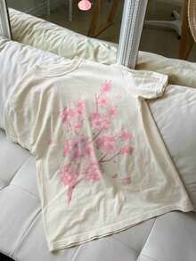 Spring And Summer Tops For Women In Japanese Style, With Cherry Blossom And Petal Design, Made Of Pure Fabric, Loose Fit, Round Neck, Short Sleeve T-Shirt, Winter Clothing For Women. - 杏色 - 查看 3