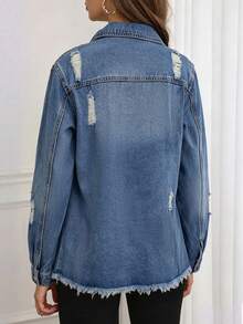 Fashion Women's Long Sleeve Denim Jacket, Distressed Mid-Length Coat With Button Pockets And Ripped Hem Design, Essential Denim Jacket For Autumn - Medium Wash - View 4