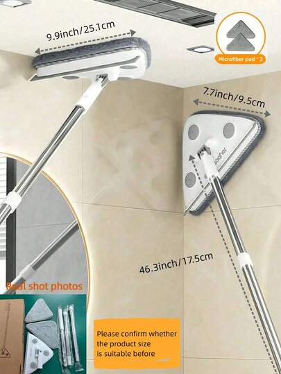 46.85" Long Handle Wall Cleaning Triangle Mop, Comes With 2 Cleaning Pads, Multi-Functional Microfiber Material For Wet & Dry Use. 360° Rotating Wall Mop Can Clean Baseboards, Ceilings, Windows, Floors, And Baseboards.