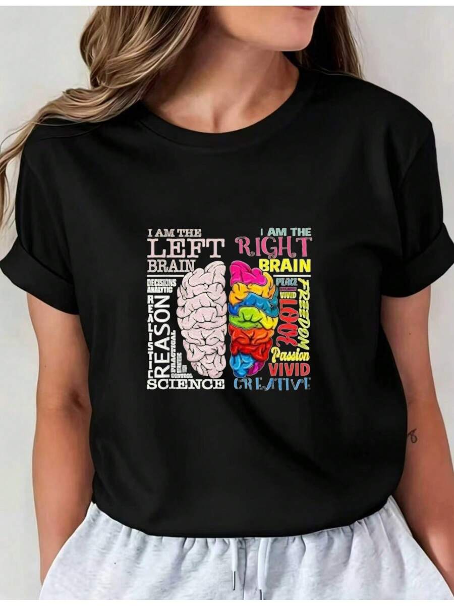 Camiseta Estampada para Mujer - Camiseta Casual de Manga Corta y Cuello Redondo en Negro con Diseño Colorido de Texto Temático sobre el Cerebro. Con un Corte Relajado para Todas las Estaciones, Perfecta para el Uso Diario y Vacaciones (Lavable aáquina). - Negro - Ver 1