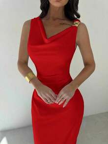 Women's White Asymmetrical Neckline Dress With Ruffles At The Waist, Elegant And Sexy Dress For Work, Vacation, Fashionable And Modern, For Spring/Summer, For Work, Elegant, Sexy, Vacation, Beach, Hawaii, Wedding Season, Graduation Ceremony, Prom - 白色 - 查看 8