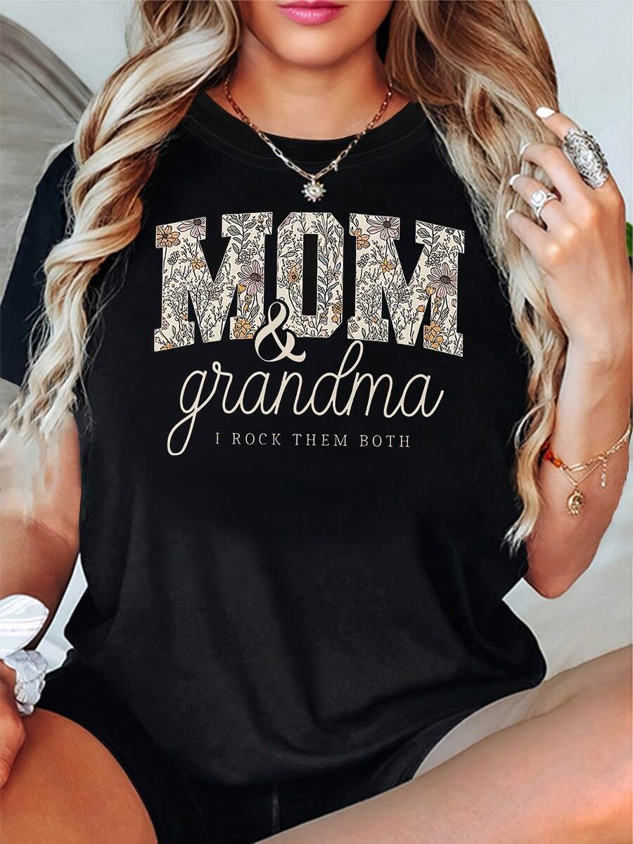 Blusa Casual para Mujer, Estilo Sencillo, Uso Diario, Camiseta Floral - Regalo perfecto para madres y abuelas, diseño de cuello redondo, adecuada para uso casual, compatible con varias marcas (lavable a máquina) - Regalo elegante para uso diario, cómoda, suave, sencilla, de manga corta. - Negro - Ver 1