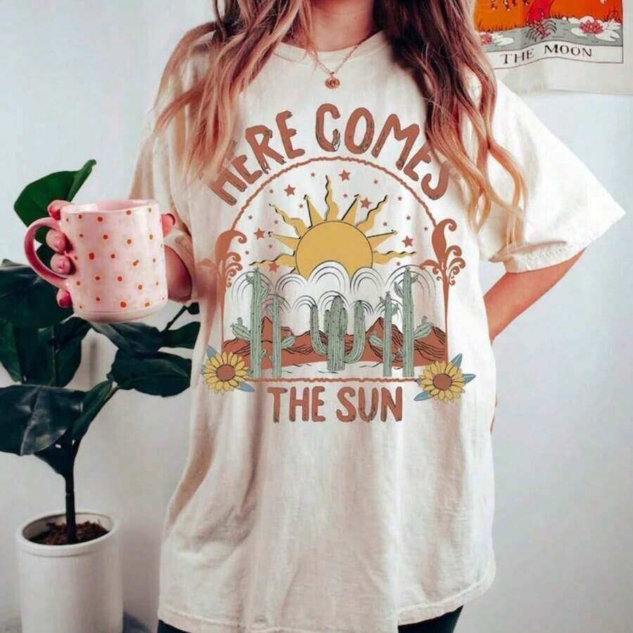 Women's Oversized, Short-Sleeved, Fun "Here Comes The Sun" Print T-Shirt, Lightweight, Breathable, Round Neck, Short-Sleeved T-Shirt For Spring And Summer, Soft Basic Tees, Beach Vacation Clothes, 100% Cotton. - 白色 - 查看 1