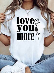 Diseño Simple y Versátil, Camiseta de Mujer con Estampado Romántico "te amo más" para Citas, Día de San Valentín, Interacción Diaria, Conjuntos para Parejas, Camiseta de Algodón de Manga Cor - Blanco - Ver 7