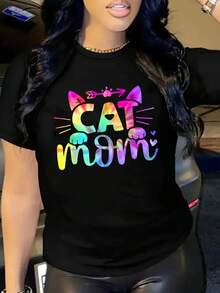 Women's T-Shirt With Cat Mom Print - Fun Cat Ears And Paw Print Design, Soft And Breathable Cotton Fabric, Casual Short Sleeve Top With Round Neck In Plus Sizes, Suitable For Spring And Summer, Casual Style, Medium Elasticity Fabric. - Black - View 6