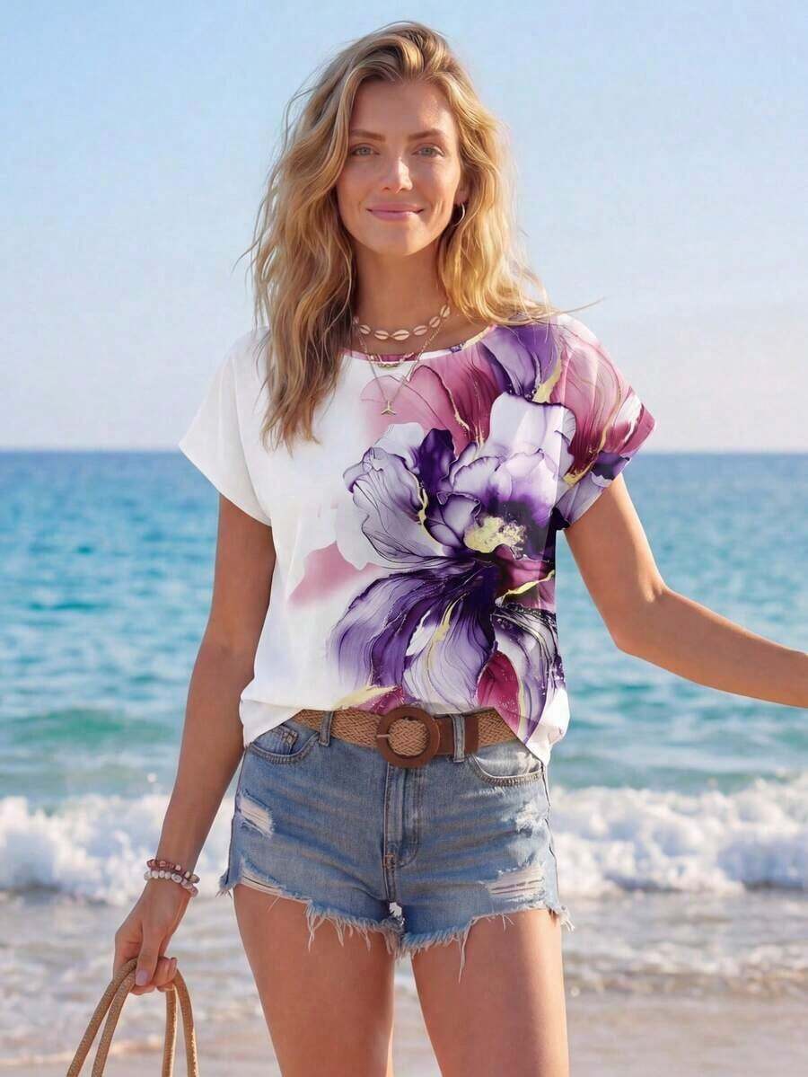 Blusa casual con estampado floral, cuello redondo y mangas tipo murciélago para mujer, blusa floral azul, blusa floral azul y blanca, blusa floral, blusa floral para mujer, blusa de verano, blusas elegantes para mujer, casual - Multicolor 5 - Ver 1