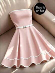 Vestido elegante sin tirantes con estampado floral y ribete de contraste para mujer - Rosa Pálido - Ver 7