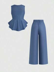 Conjunto de 2 piezas de mujer talla grande con top sin mangas de aspecto de lino bicolor con volante de lazo de encaje ojal y diseño elegante + pantalones sueltos y versátiles para la oficina - Azul - Ver 2
