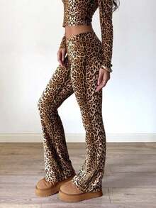 Pantalones acampanados de cintura ancha de unicolor casual para mujer, leggings delgados de cintura alta con pliegues, primavera negro - Estampado de leopardo marrón - Ver 8