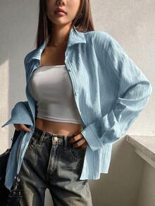 Camisa de mujer de manga larga de unicolor casual, para primavera y otoño, blusas de manga larga estilo Y2K, ropa de mujer de otoño - Azul - Ver 1