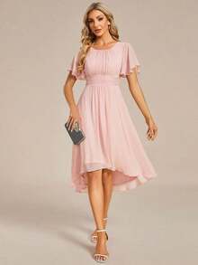 Vestido de dama de honor de gasa con pliegues y mangas con volantes, vestido de noche elegante para invitados de boda en primavera - Rosa Pálido - Ver 6
