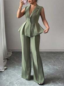 Conjunto de traje elegante y romántico para mujer con blazer sin mangas, cuello y cintura ceñida, talla grande - Verde militar - Ver 8