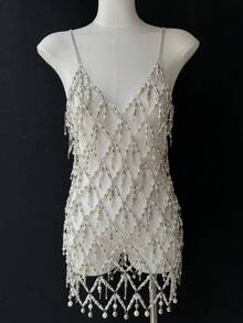 ZHENGHEN Handmade Exquisite Crystal & Pearl Body Chain Dress, Delicate Hand-Strung Rhinestone Mesh Mini Dress, Festival Rave Statement Jewelry - Silver - View 5